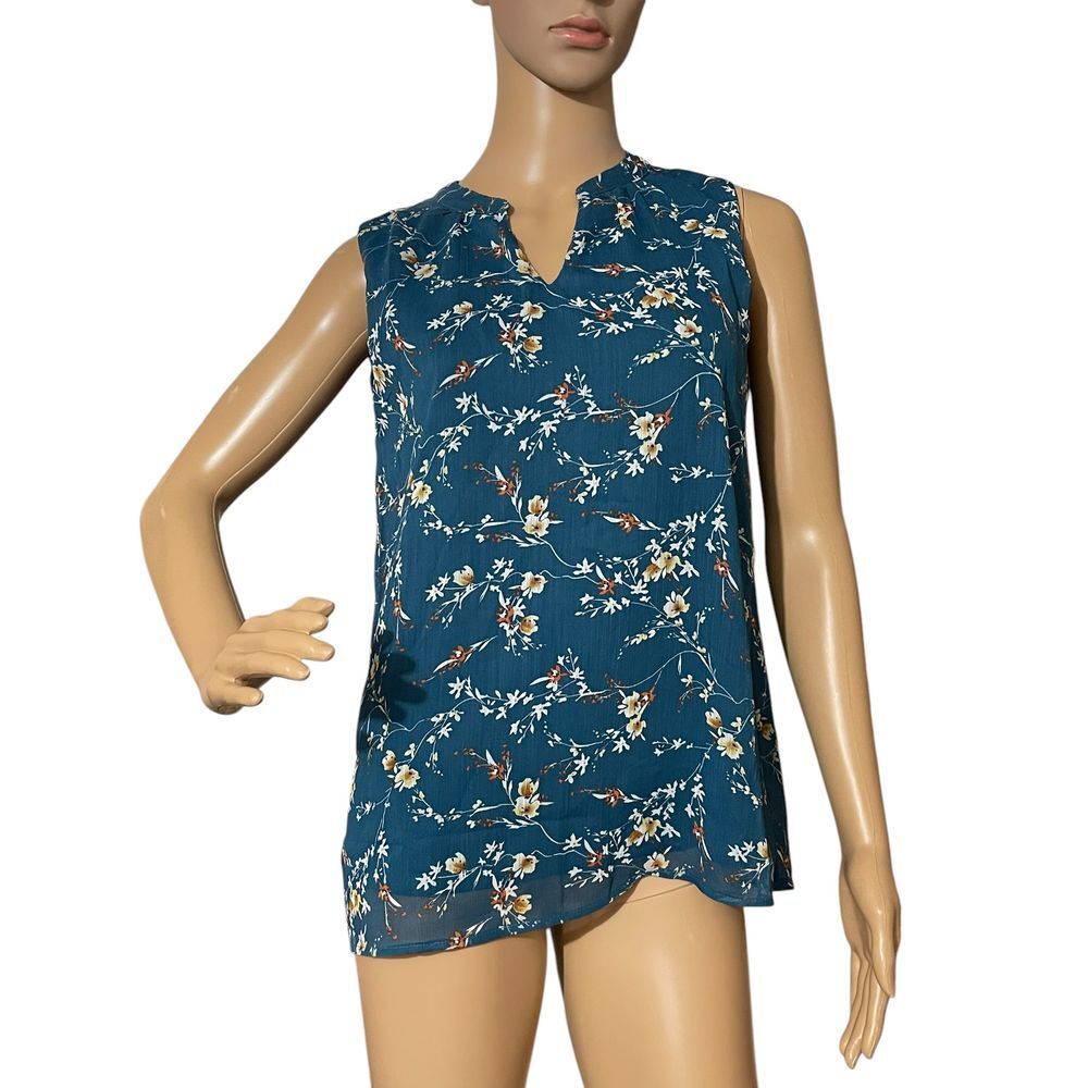 Papermoon Annie Teal Floral Sleeveless Blouse Split Neck Flowy Tank Top S NWT
